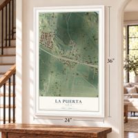 La Puerta, Texas map, 24 x 36 inch print in a white frame by a staircase