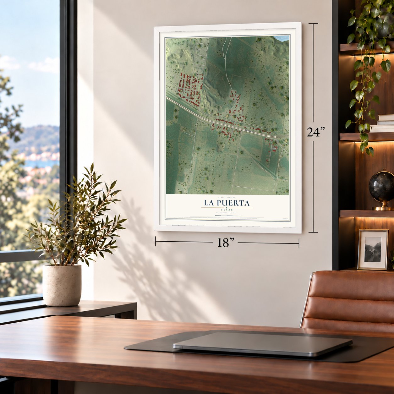 La Puerta, Texas map, 18 x 24 inch print in a white frame in a home office