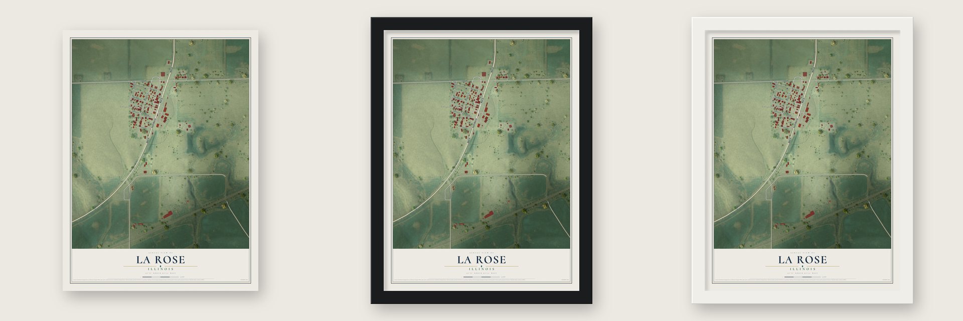 La Rose, Illinois map unframed, in a black wood frame and in a white wood frame