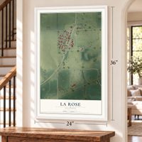 La Rose, Illinois map, 24 x 36 inch print in a white frame by a staircase