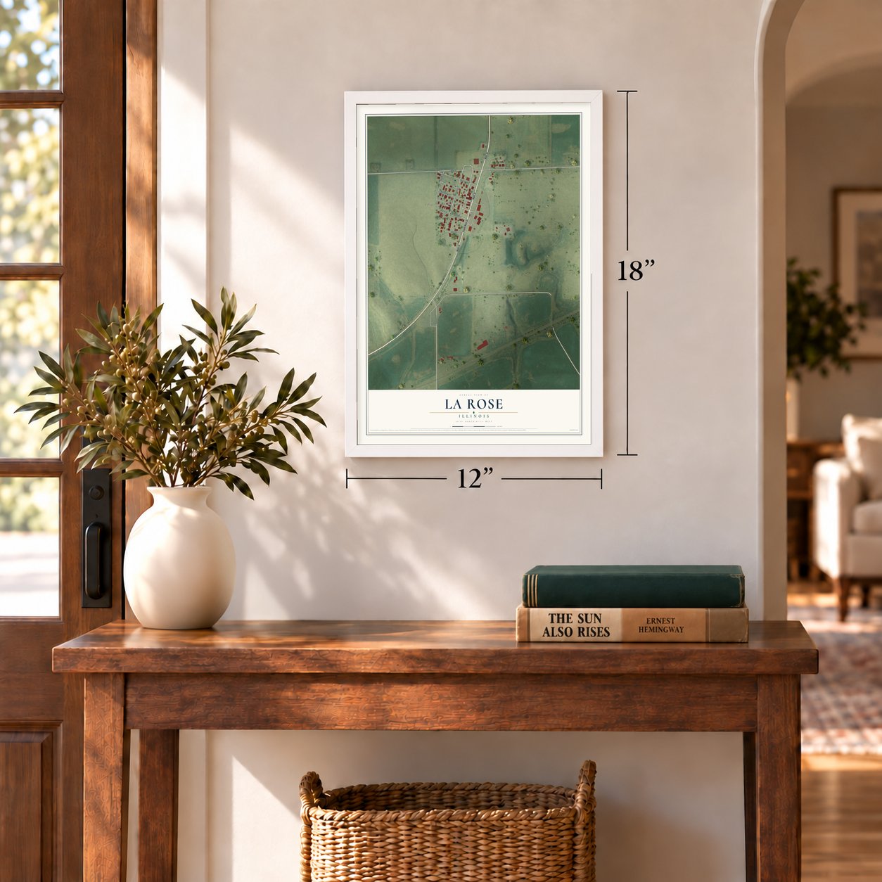 La Rose, Illinois map, 12 x 18 inch print in a white frame in an entryway