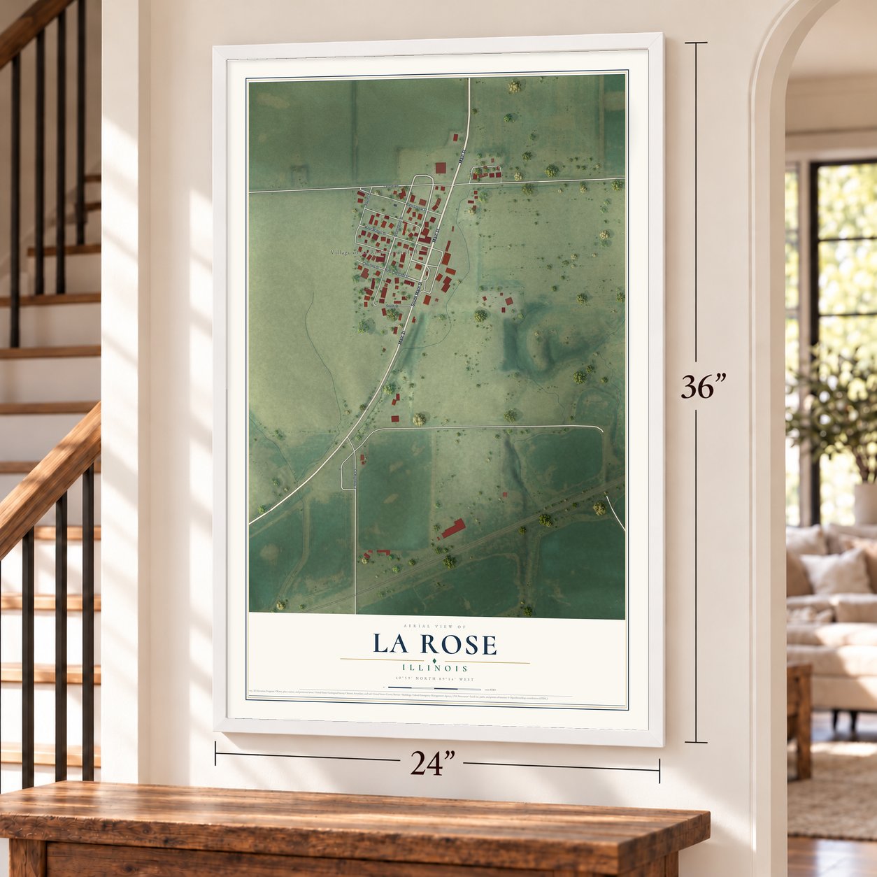 La Rose, Illinois map, 24 x 36 inch print in a white frame by a staircase