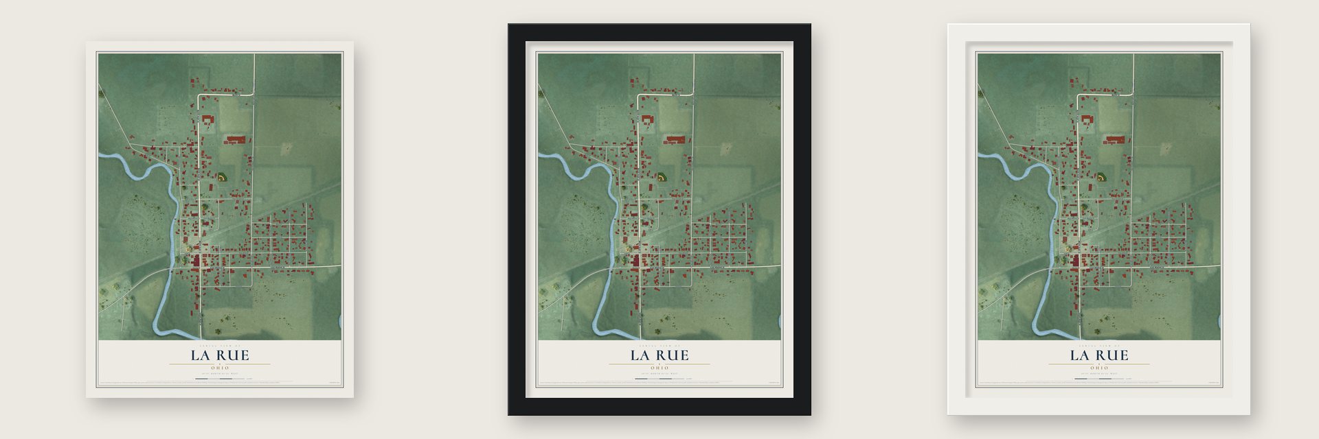 La Rue, Ohio map unframed, in a black wood frame and in a white wood frame