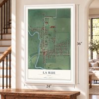 La Rue, Ohio map, 24 x 36 inch print in a white frame by a staircase