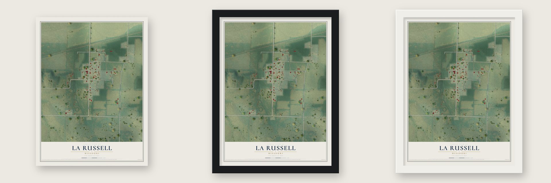 La Russell, Missouri map unframed, in a black wood frame and in a white wood frame