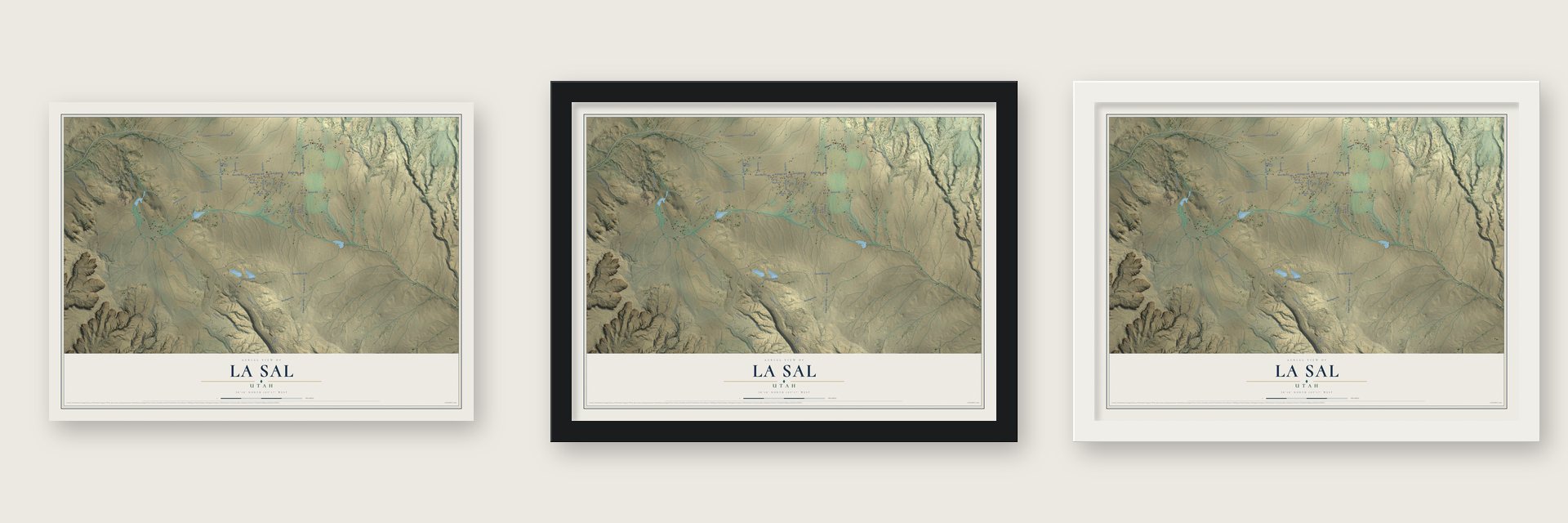 La Sal, Utah map unframed, in a black wood frame and in a white wood frame