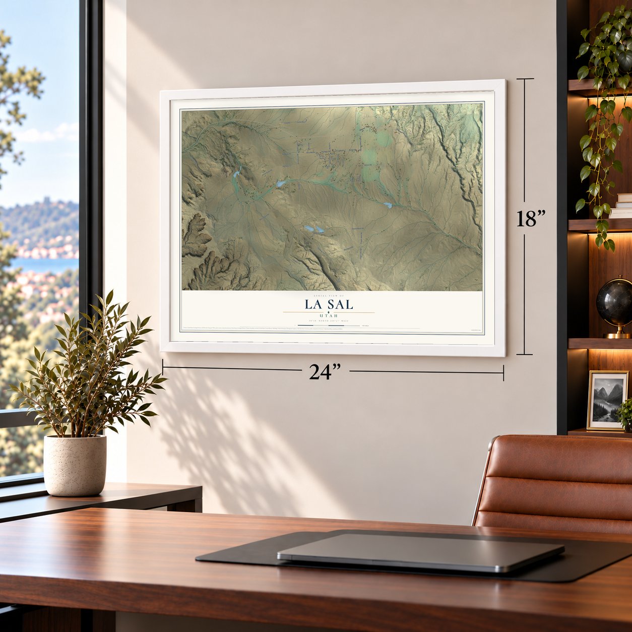 La Sal, Utah map, 18 x 24 inch print in a white frame in a home office