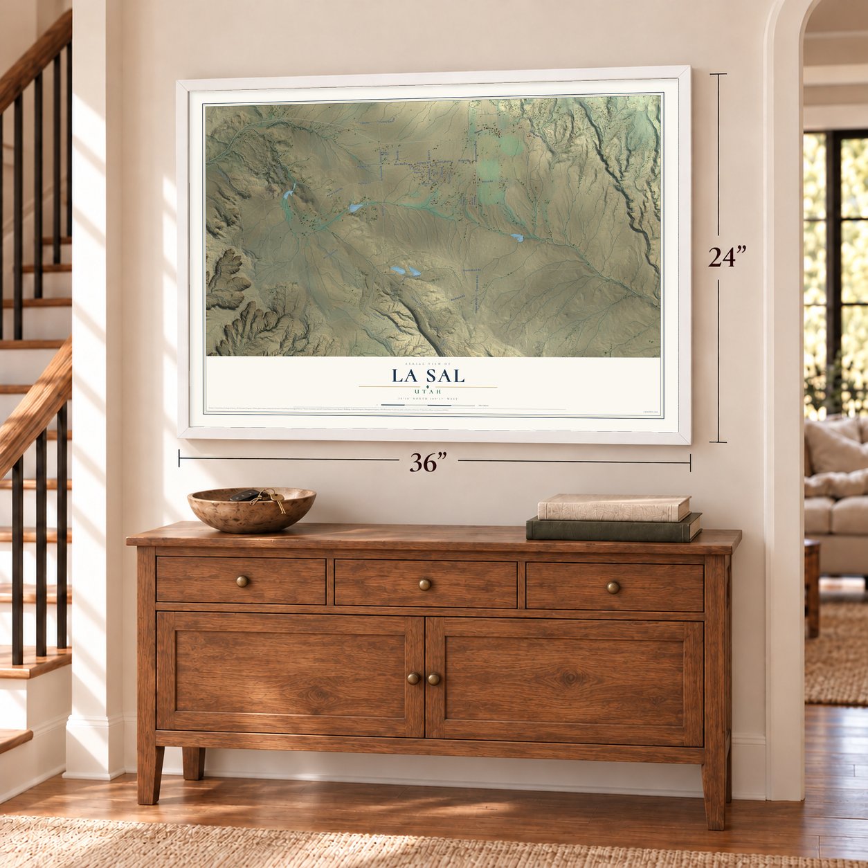 La Sal, Utah map, 24 x 36 inch print in a white frame above a dresser by a staircase