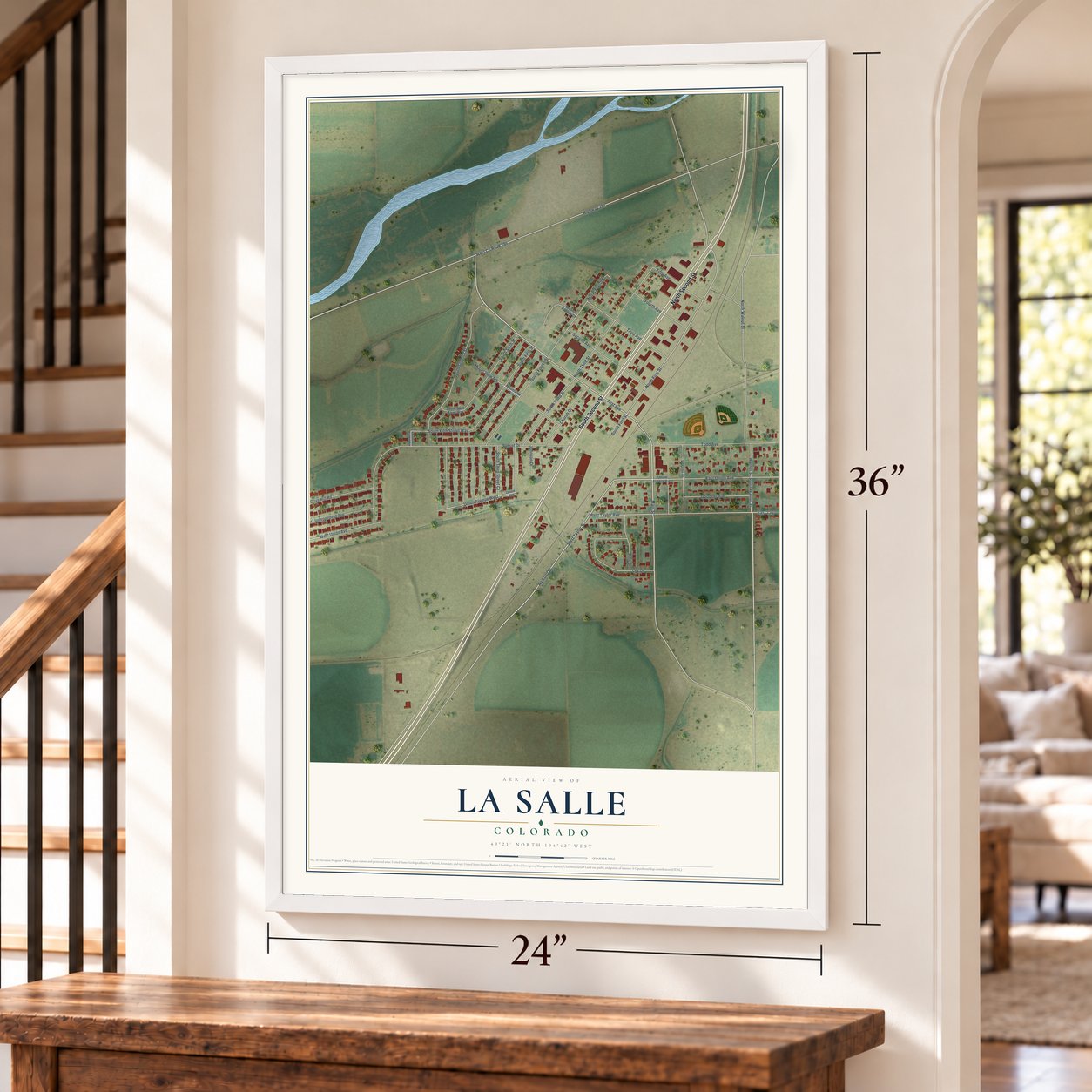 La Salle, Colorado map, 24 x 36 inch print in a white frame by a staircase