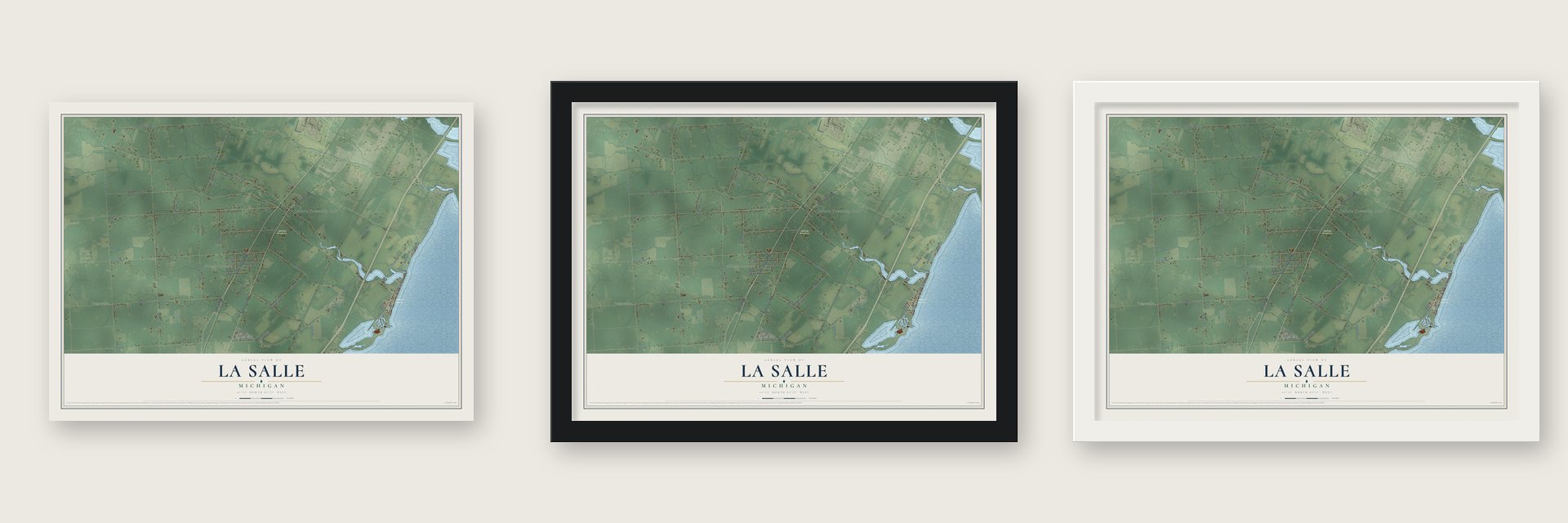 La Salle, Michigan map unframed, in a black wood frame and in a white wood frame