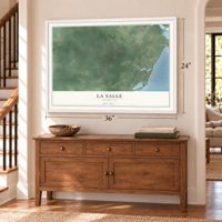 La Salle, Michigan map, 24 x 36 inch print in a white frame above a dresser by a staircase