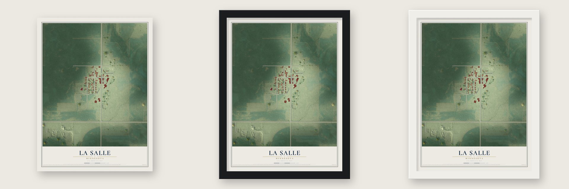 La Salle, Minnesota map unframed, in a black wood frame and in a white wood frame