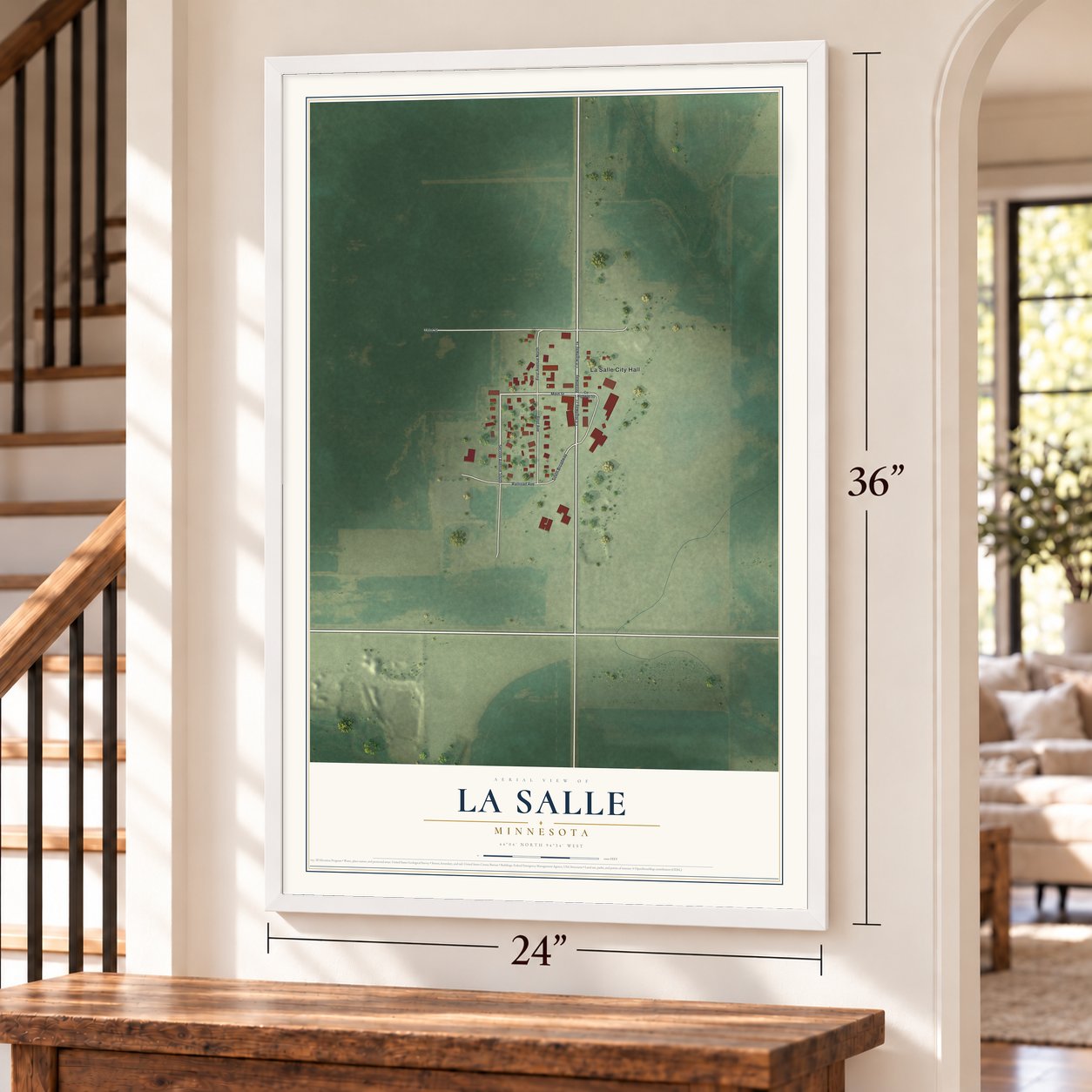 La Salle, Minnesota map, 24 x 36 inch print in a white frame by a staircase