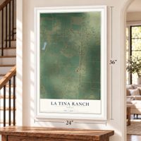 La Tina Ranch, Texas map, 24 x 36 inch print in a white frame by a staircase