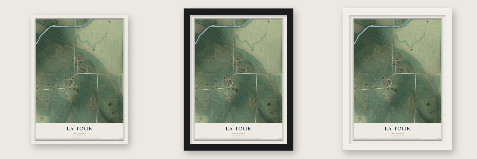 La Tour, Missouri map unframed, in a black wood frame and in a white wood frame