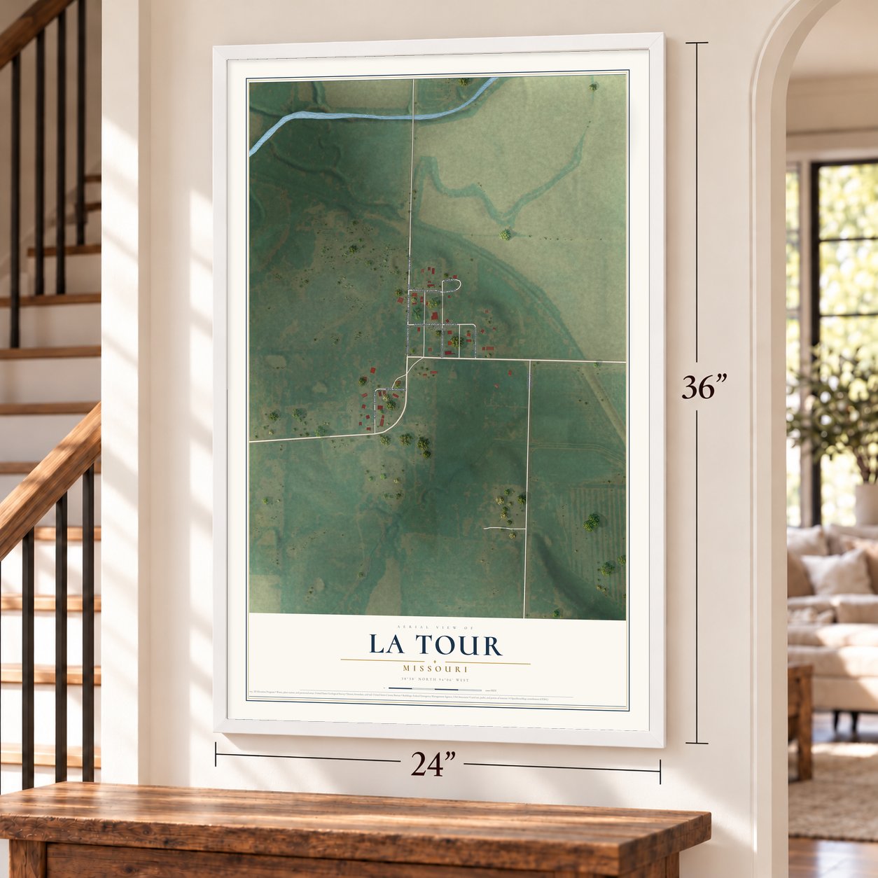 La Tour, Missouri map, 24 x 36 inch print in a white frame by a staircase
