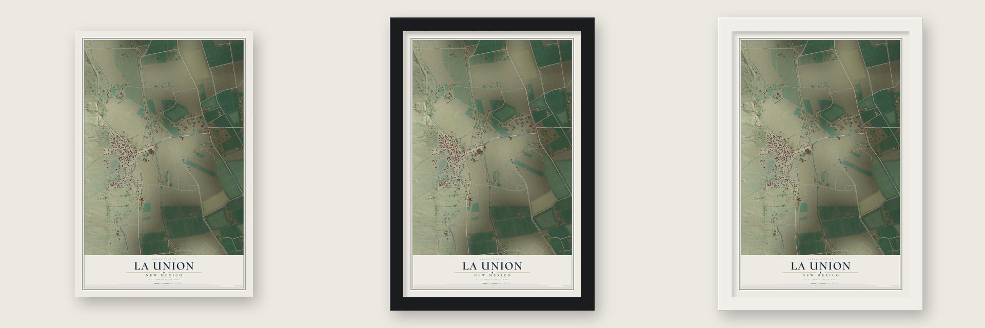 La Union, New Mexico map unframed, in a black wood frame and in a white wood frame