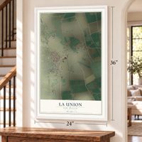 La Union, New Mexico map, 24 x 36 inch print in a white frame by a staircase