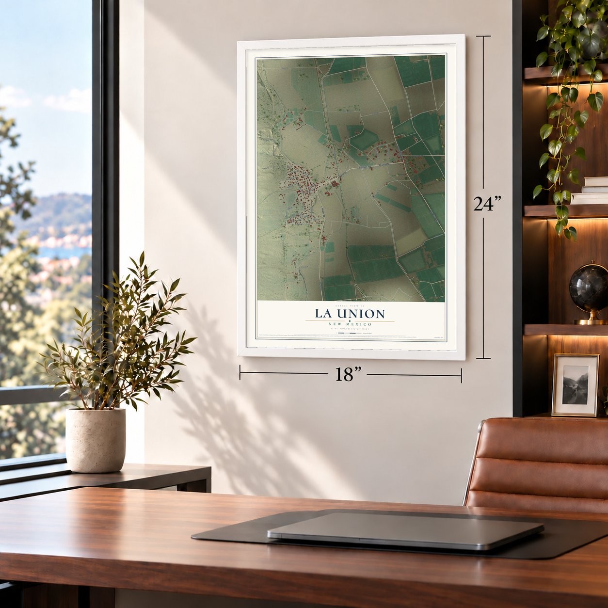 La Union, New Mexico map, 18 x 24 inch print in a white frame in a home office