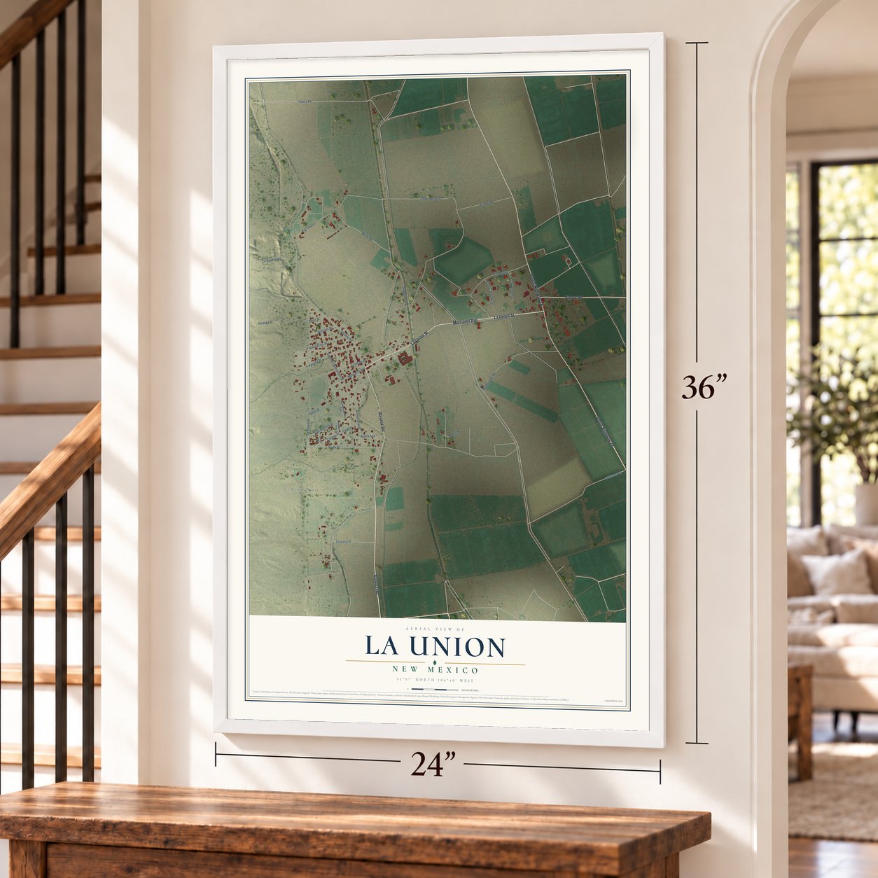 La Union, New Mexico map, 24 x 36 inch print in a white frame by a staircase