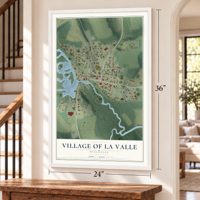 La Valle, Wisconsin map, 24 x 36 inch print in a white frame by a staircase