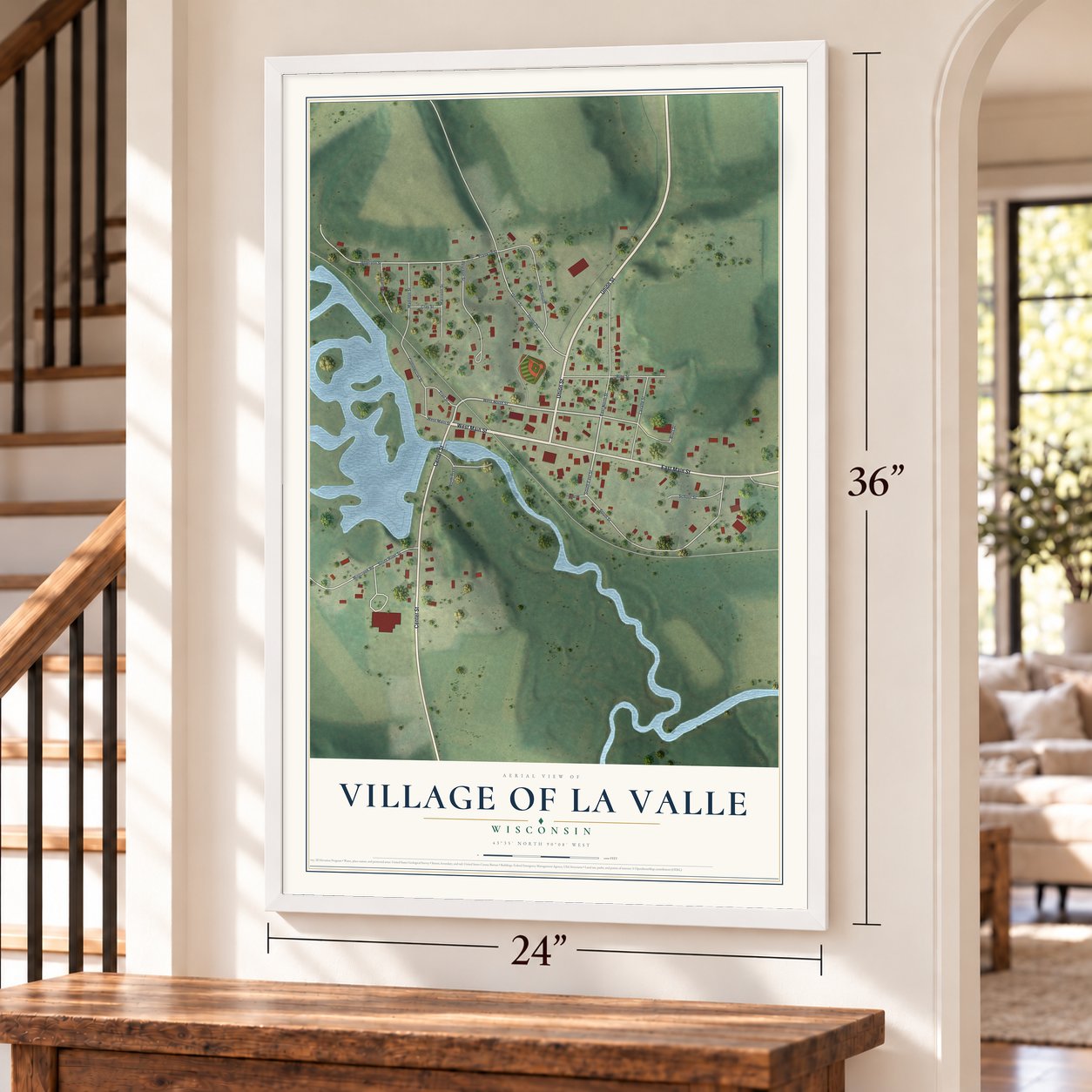 La Valle, Wisconsin map, 24 x 36 inch print in a white frame by a staircase