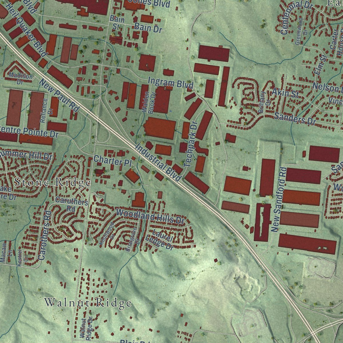 Second close-up of the map of La Vergne, Tennessee print showing more streets and buildings