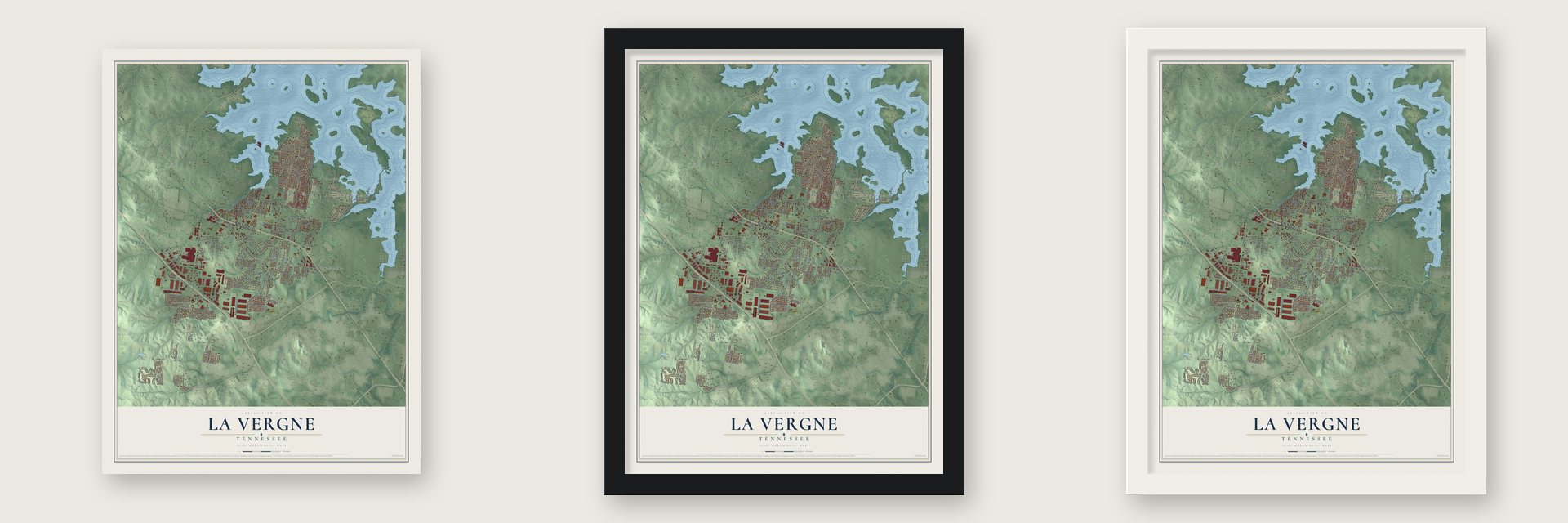 La Vergne, Tennessee map unframed, in a black wood frame and in a white wood frame