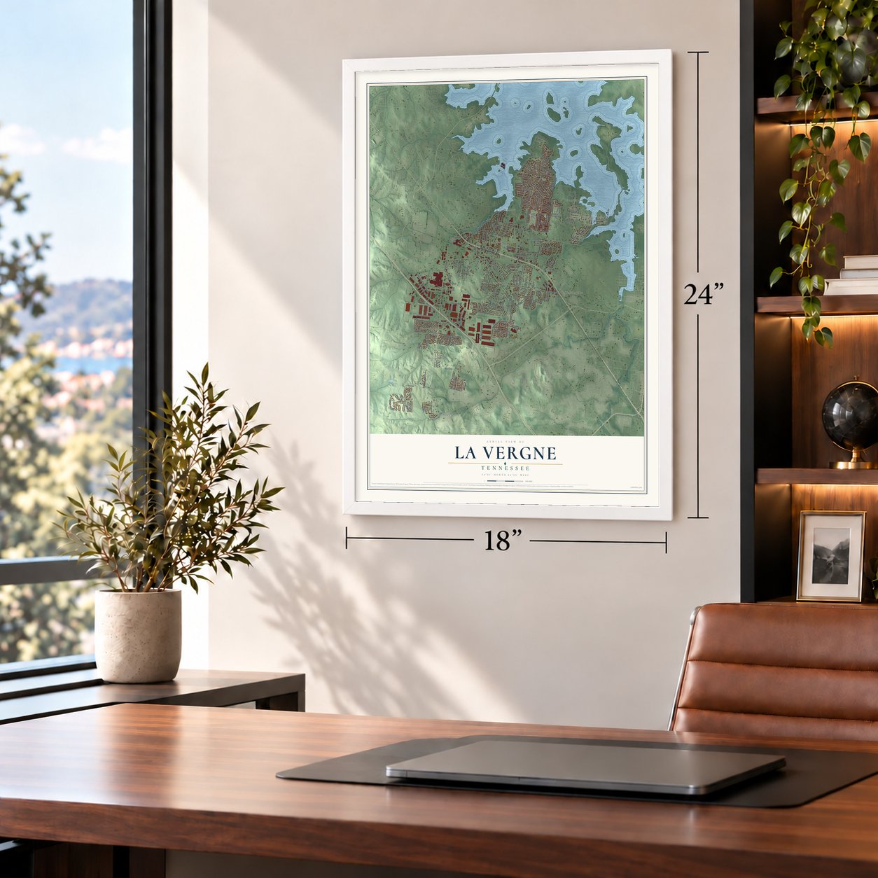 La Vergne, Tennessee map, 18 x 24 inch print in a white frame in a home office