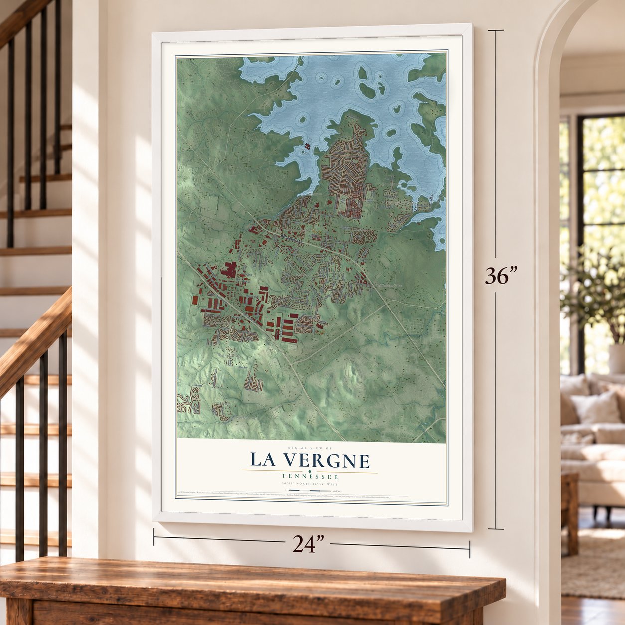 La Vergne, Tennessee map, 24 x 36 inch print in a white frame by a staircase