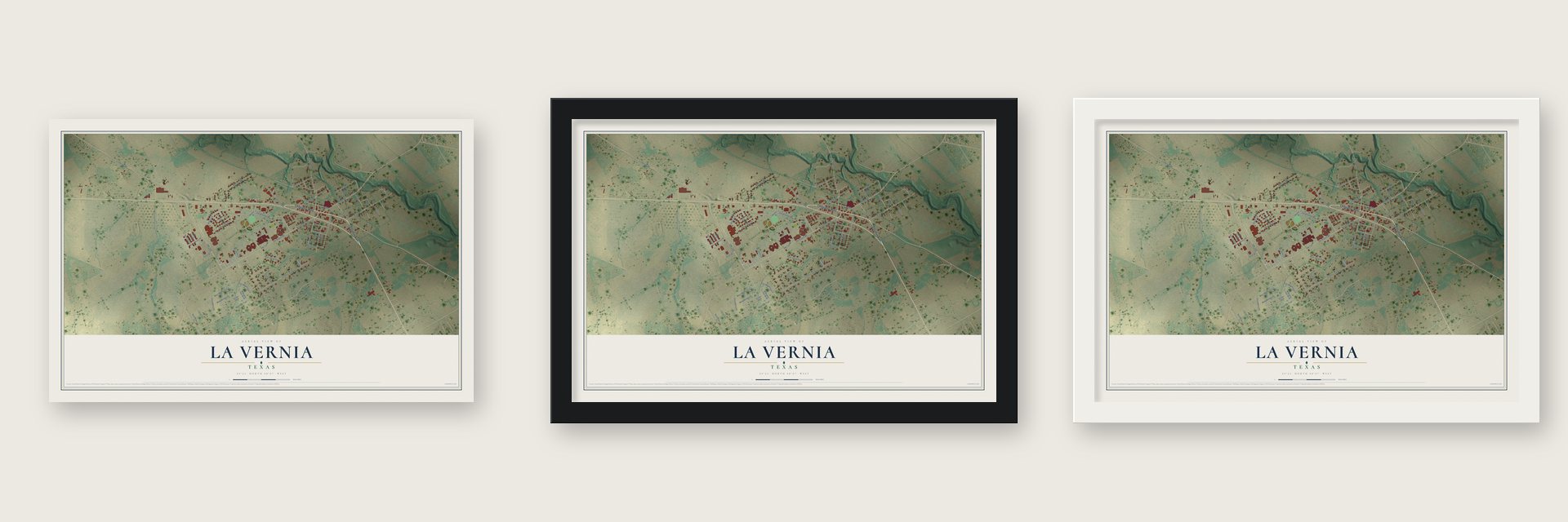 La Vernia, Texas map unframed, in a black wood frame and in a white wood frame