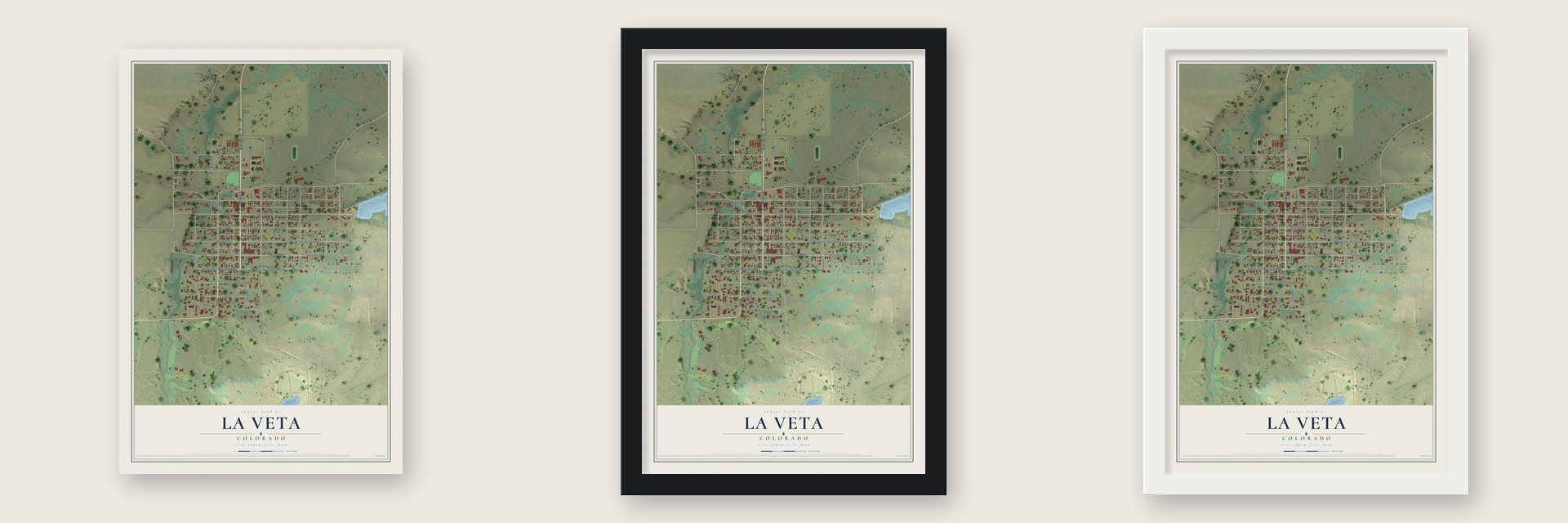 La Veta, Colorado map unframed, in a black wood frame and in a white wood frame