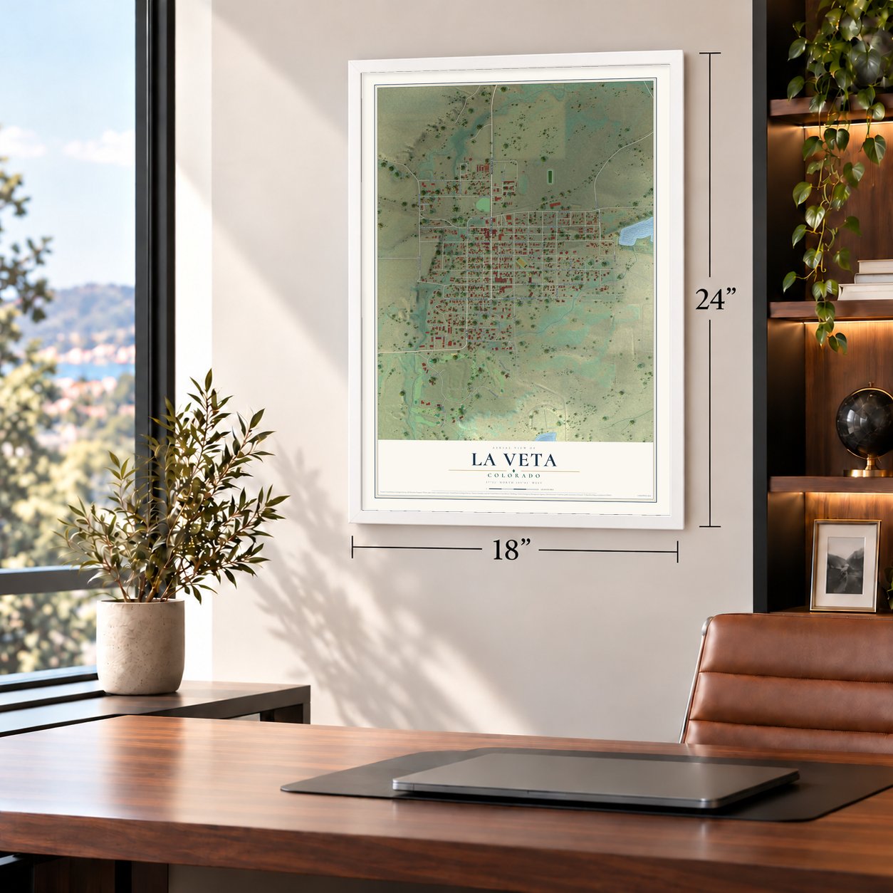 La Veta, Colorado map, 18 x 24 inch print in a white frame in a home office