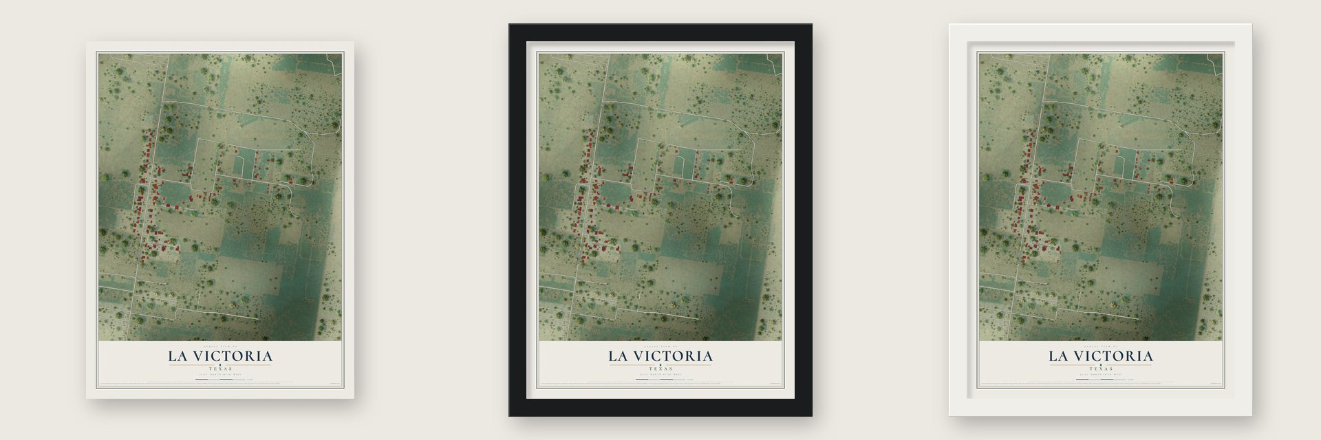 La Victoria, Texas map unframed, in a black wood frame and in a white wood frame
