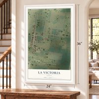 La Victoria, Texas map, 24 x 36 inch print in a white frame by a staircase