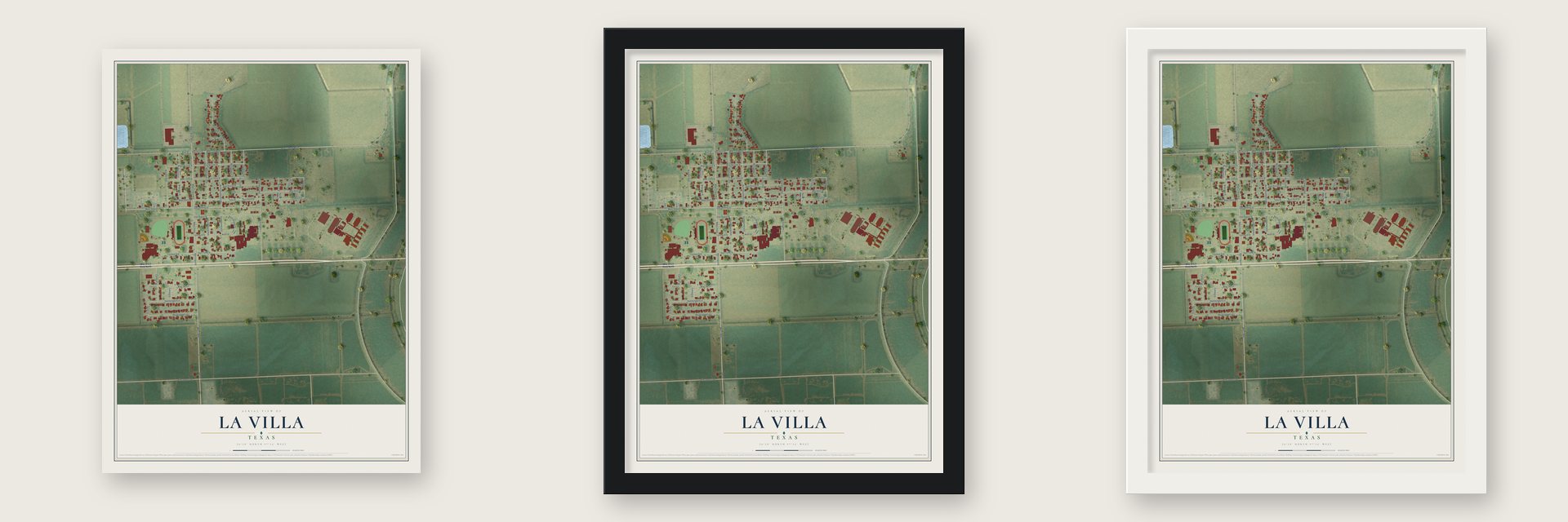 La Villa, Texas map unframed, in a black wood frame and in a white wood frame