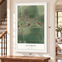 La Villa, Texas map, 24 x 36 inch print in a white frame by a staircase