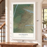 La Villita, New Mexico map, 24 x 36 inch print in a white frame by a staircase