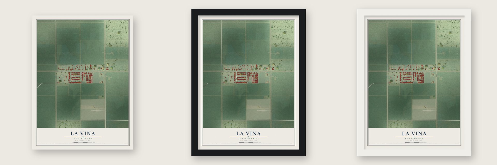 La Vina, California map unframed, in a black wood frame and in a white wood frame