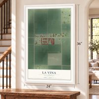 La Vina, California map, 24 x 36 inch print in a white frame by a staircase