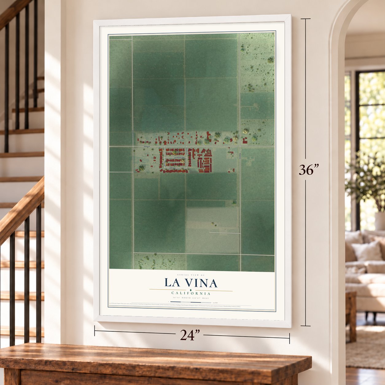 La Vina, California map, 24 x 36 inch print in a white frame by a staircase