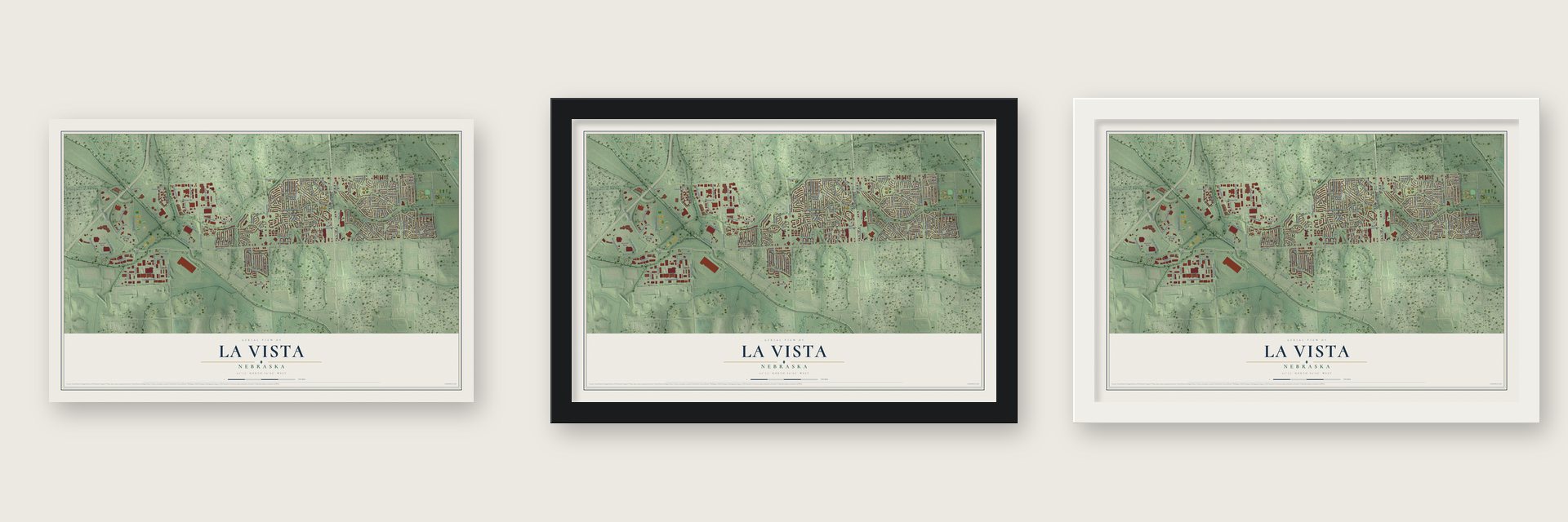La Vista, Nebraska map unframed, in a black wood frame and in a white wood frame
