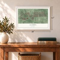 La Vista, Nebraska map, 12 x 18 inch print in a white frame in an entryway