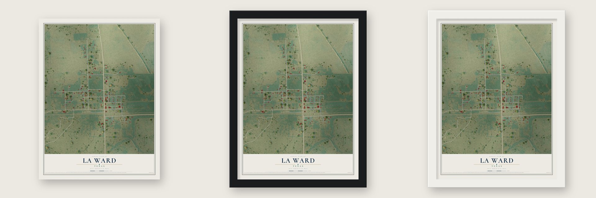 La Ward, Texas map unframed, in a black wood frame and in a white wood frame