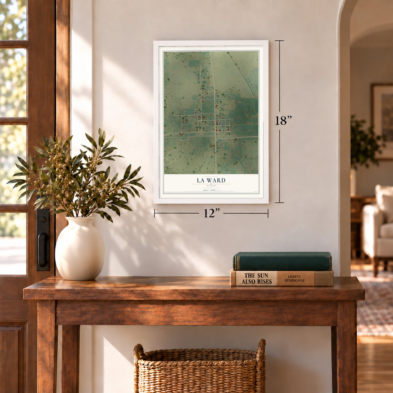 La Ward, Texas map, 12 x 18 inch print in a white frame in an entryway