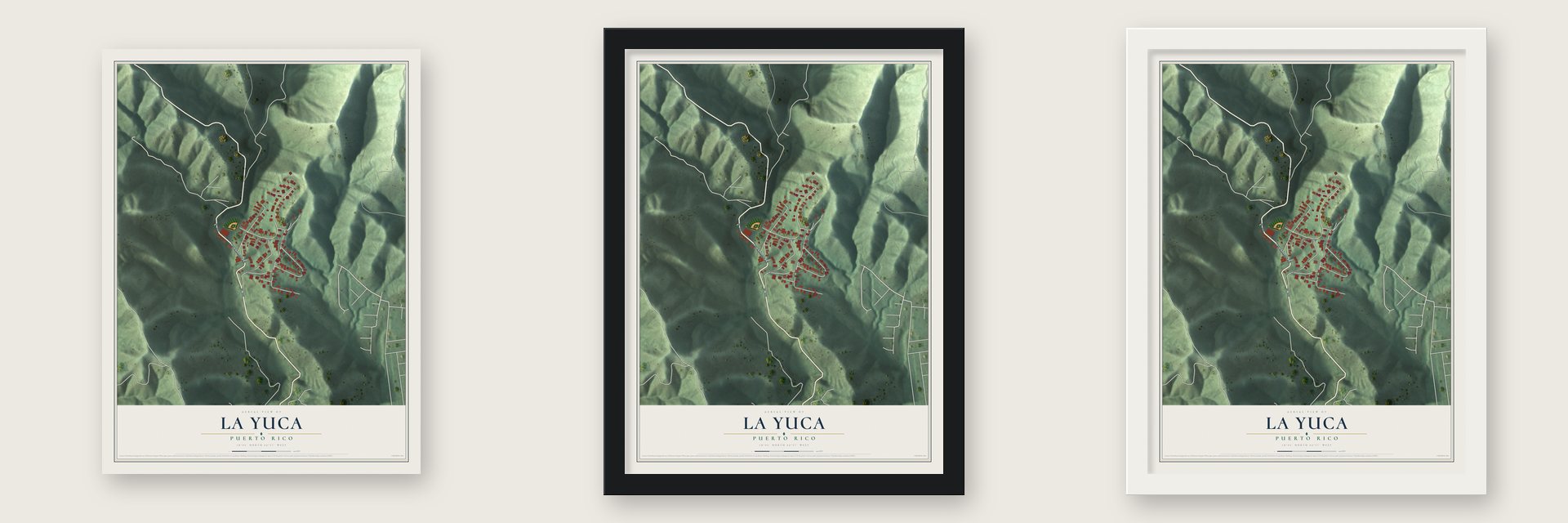 La Yuca, Puerto Rico map unframed, in a black wood frame and in a white wood frame