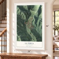 La Yuca, Puerto Rico map, 24 x 36 inch print in a white frame by a staircase