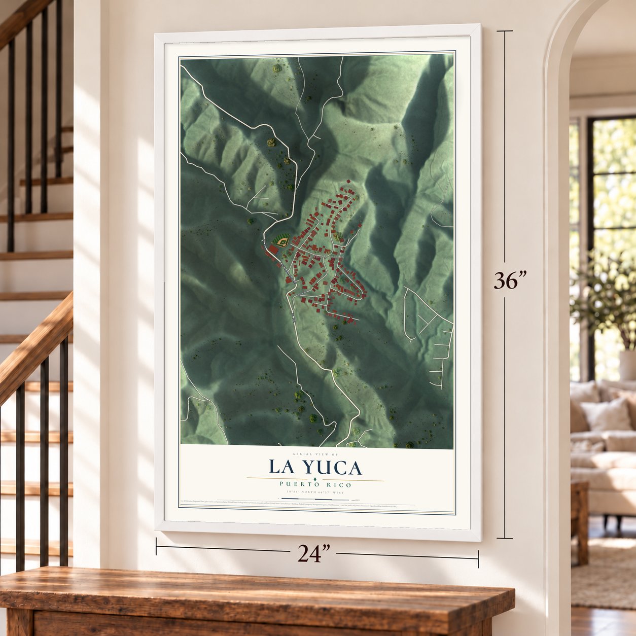 La Yuca, Puerto Rico map, 24 x 36 inch print in a white frame by a staircase
