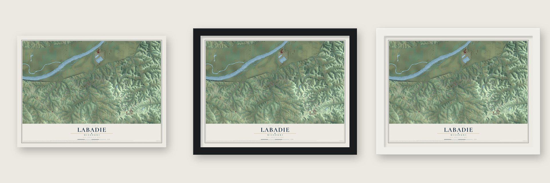 Labadie, Missouri map unframed, in a black wood frame and in a white wood frame