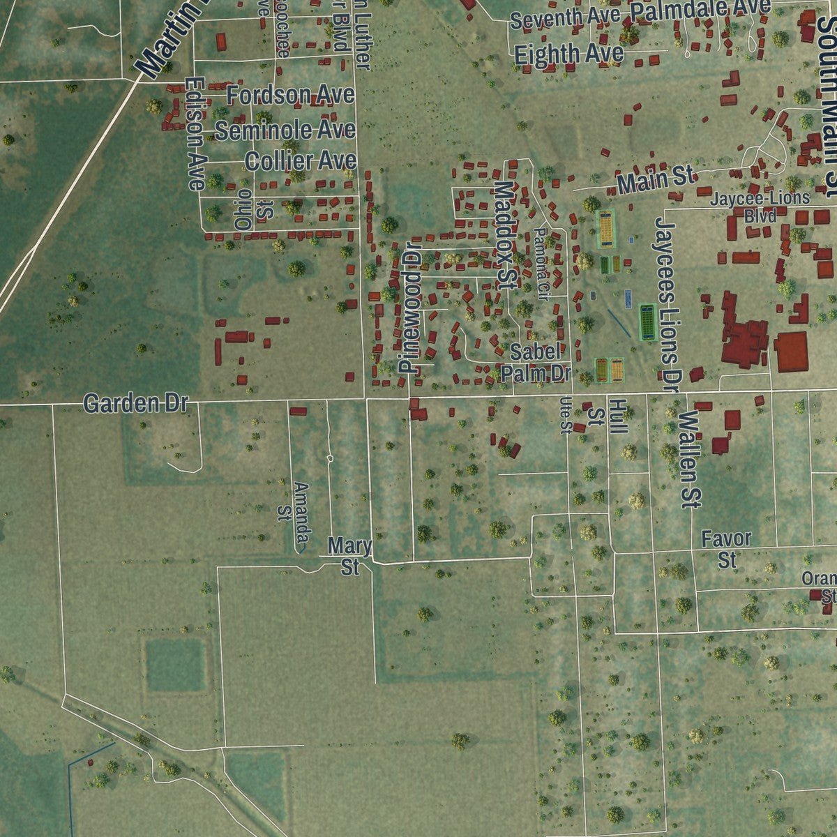 Second close-up of the map of LaBelle, Florida print showing more streets and buildings